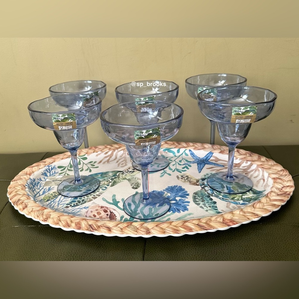🎁7PC Tommy Bahama Acrylic Drinkware - 6 Stem Glasses & 1 Melamine Tray (20.75”)